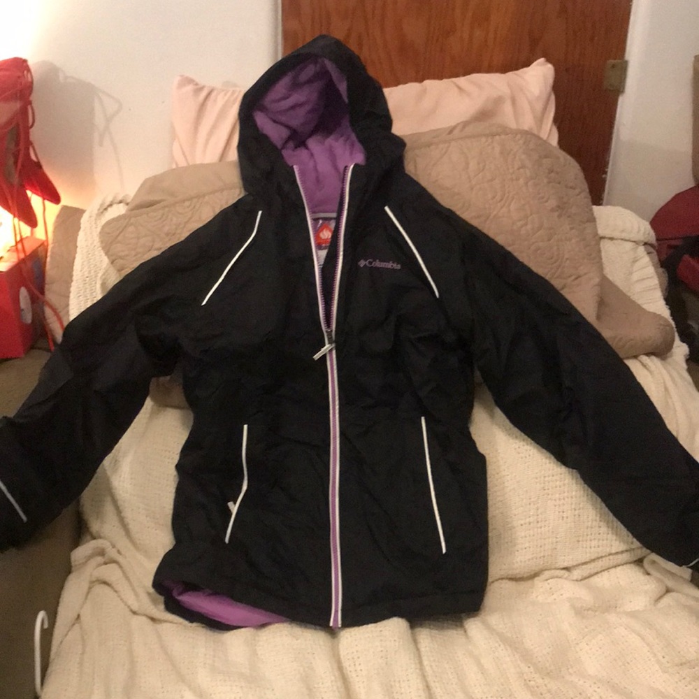 Colombia Girls winter coat.Color black with purple and white stripe.Size girl L.